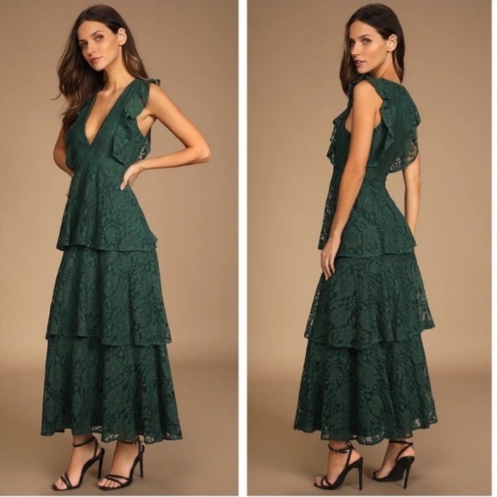 Lulus Molinetto green lace ruffle tiered maxi dress